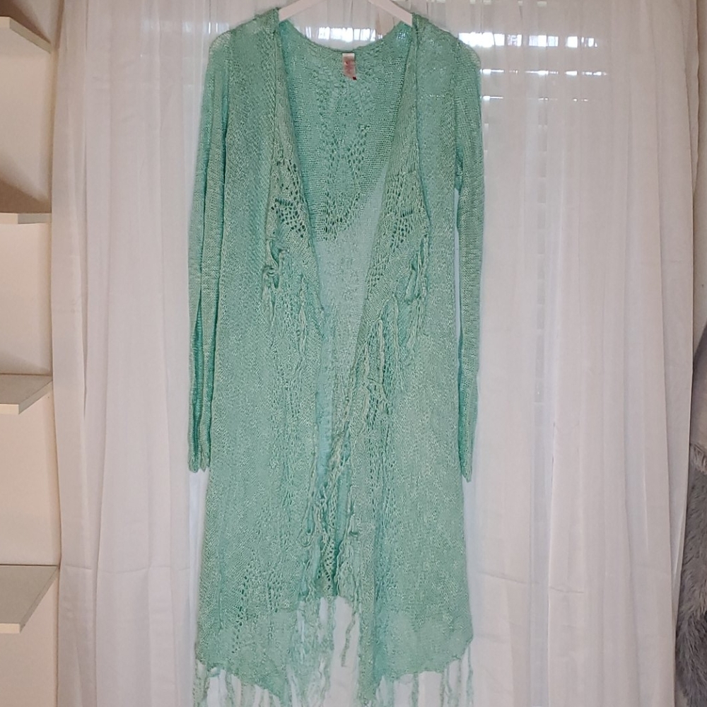 Plus Size Mint Fringe Long Cardigan with Hood